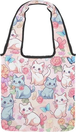 Generic Cute Cartoon Kitten Reversible Canvas Shoulder Tote - Double-Sided Print, 12oz Cotton, 27cm Drop, Fold-Flat Bag for Travel, Shopping, Street Outings