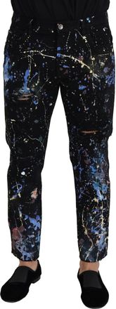 Dolce & Gabbana Mens Black Cotton Splash Print Denim Jeans Clothing