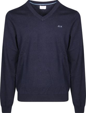 Sun 68 Wollen V-hals trui met katoen - Heren - V-hals truien - Blauw - L - Katoen - Truien & Vesten