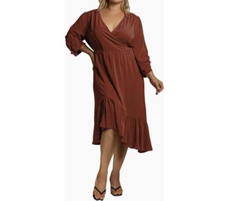 Standards & Practices Ruched Sleeve V Neck Curvy Fit Midi Dress - Plus Size In Red
