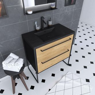 Aurlane Aurlane - Mueble De Ba&ntilde;o 80x50 Cm Negro Mate - 2 Cajones Roble Oscuro - Lavabo De Resina Negro Efecto Piedra