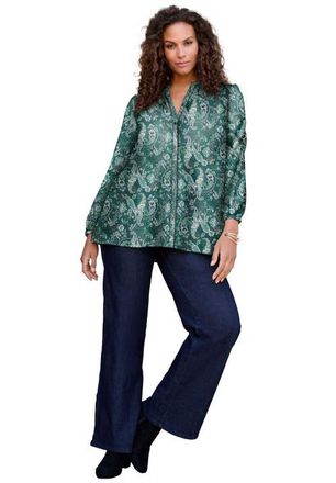 Roaman's Buttoned V-Neck Blouse in Emerald Fine Paisley at Nordstrom, Size 14