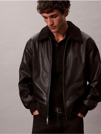 Calvin Klein Jeans Calvin Klein Mens Faux Leather Sherpa Collar Bomber Jacket - Black - L