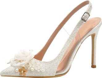 Generic Women Pointed Toe High Heel Stiletto Pumps 10 CM Tulle Flowers Pearls Rhinestones Fine Glitter Wedding Evening Party-Numeric_6_Point_5 White