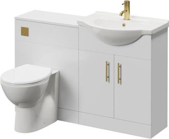 Alexander James Alexander James Cento Gloss White 1250mm 2 Door Vanity Unit Toilet Suite - 1250mm - Brushed Brass 96mm Knurled Bar HandleJames Toilet Pan and Seat