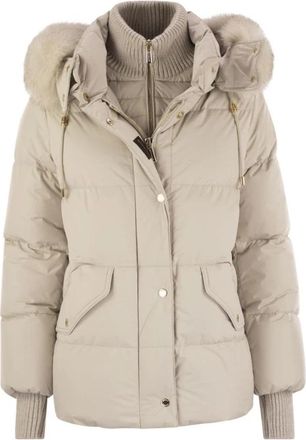 Moorer Kort donsjack met capuchon en bont - Dames - Gewatteerde jassen - Beige - L - Polyester - Jassen