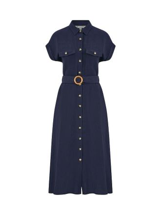 Yumi Navy Viscose Linen Look Midi Shirt Dress with Wooden Belt (UK, Numeric, 8, Regular, Regular, Navy)