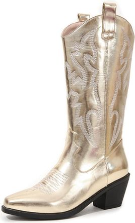Generic Womens Square Toe Knee High Boots Chunky Heel Platform Long Boots PU Leather Western Cowboy Boot with Embroidery Stitched,Gold,4.5 UK