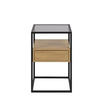 DRAWER Mesita de noche con 1 caj&oacute;n de vidrio, madera y metal - madera clara