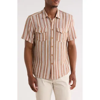 Frye Stripe Short Sleeve Button-Up Shirt in Tan at Nordstrom Rack, Size X-Large