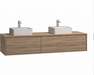 Vente-Unique Mueble de ba&ntilde;o flotante de color claro natural con doble lavabo - Ancho 150 cm - ISAURE II