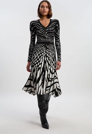 Karen Millen Womens Petite Zebra Jacquard Knit Full Skirted Midi Dress - Monochrome Multi - Size X-Small