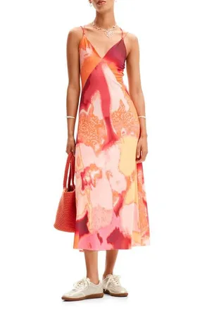 Desigual Out of Focus Midi Slipdress in Orange at Nordstrom, Size X-Large