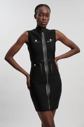 Karen Millen Womens Sleeveless Pu Tipped Military Bandage Mini Dress - Black - Size 12 UK