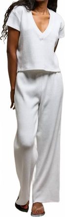 perfectwhitetee Jada Waffle Long Sleeve Boxy V Neck Tee In White