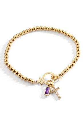 Mint & Lily Cross Charm Birthstone Bracelet in February Amethyst at Nordstrom, Size 6.5