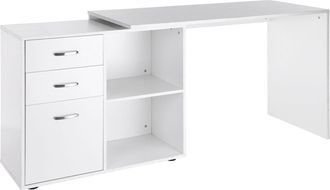 OEM Scrivania Angolare Per Pc Con 2 Cassetti E Ripiani Aperti, Scrivania Ad Angolo Forma A L In Legno E Metallo, 117x83.5x76 Cm, Bianco
