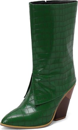 Generic Womens Chunky High Heel Short Boots Pointed Toe Western Cowboy Boot PU Leather Mid-Calf Boots with Zipper,Green,6.5 UK