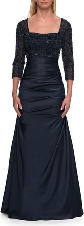 La Femme Beaded Bodice Satin Gown with Three-Quarter Sleeves in Navy at Nordstrom, Size 18