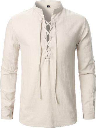 Generic Pirate Costume Viking Men Hat Green Shirt Mens Medieval Tunic - LARP Knight Fancy Dress for Halloween Cosplay Linen Shirts Grandad White Beige-b XL