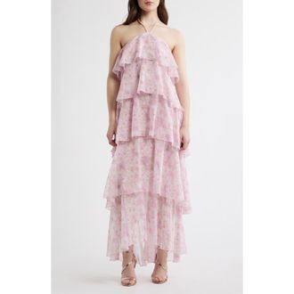 Lulus Maisie Ruffle Halter Maxi Dress in Pink Multi at Nordstrom, Size X-Large