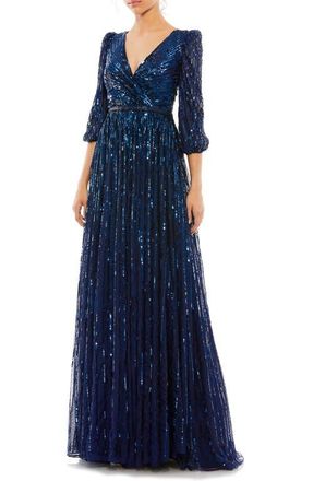 Mac Duggal Sequined Wrap Over 3/4 Sleeve Gown in Midnight at Nordstrom, Size 24