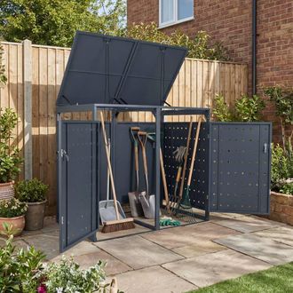 Costway Costway Outdoor Metal Garbage Bin Storage Shed for 2 Trash Cans in Grey