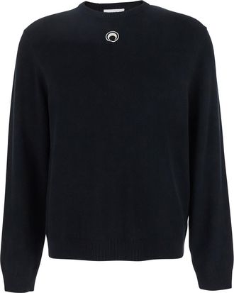 Marine Serre Black Crewneck Sweater With Logo Embroidery On The Front In Viscose Stretch Man