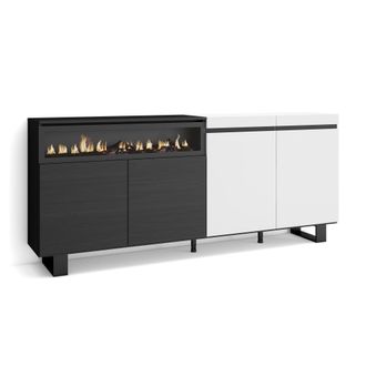 Skraut Home Aparadores Para Sal&oacute;n, Gran Capacidad De Almacenaje, 200x87x35cm, 4 Puertas, Chimenea El&eacute;ctrica, Dise&ntilde;o Industrial, Estilo Moderno, Blanco Y Negro - S