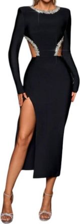 Rachel Allan Crystal Embellished Cutout Waist Bandage Dress In Black