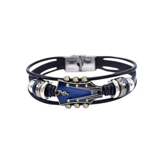 Generic Retro Faux Leather Guitar Bracelet Unique Wristband With Stainless Steel Clasp Rock Ideal Music Enthusiast Accessory For Men Women Jewelry Set (Blue, 
