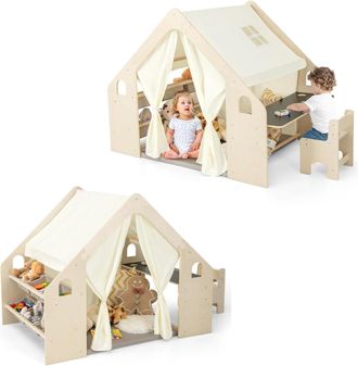 Costway Costway - Tienda De Campa&ntilde;a Infantil De Madera 6 En 1 Con Pizarra, Cortinas, Mesa De Escritorio, Silla, Estante, 6 Contenedores De Almacenamiento Y Co