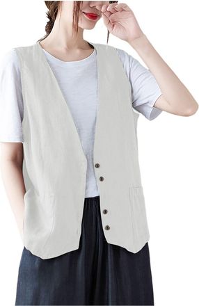 Generic Linen Waistcoats For Woman Casual Waistcoat V Neck Button Down Blazer Waistcoat Retro Summer Top Casual Loose Fit Lightweight Basic Sleeveless Suit Ja