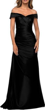 La Femme Off the Shoulder Satin Evening Dress with Pleating in Black at Nordstrom, Size 12