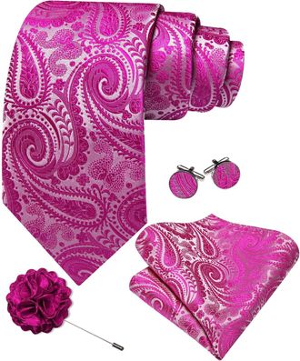 Barry.Wang Pink Tie 63 Paisley Silk Ties Set Pocket Square Cufflinks and Lapel Pin Extra Long Necktie Wedding Party
