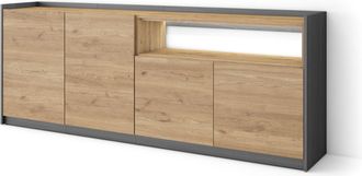 Skraut Home Skraut Home - Aparador Para Sal&oacute;n, Gran Capacidad De Almacenaje, 207x37x80cm, 4 Puertas, Led, Estilo Moderno, Roble Y Negro