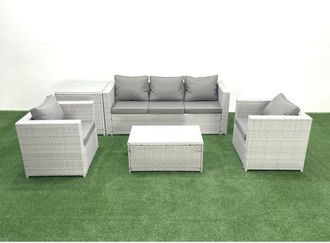Fimous Rattan Garden Furniture Set with 3 Seater Sofa 2 Chair Rectangular Coffee Table Side Table Light Grey Mixed 5 Seater - Fimous