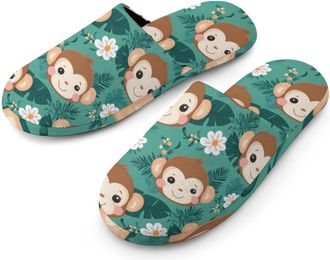 Generic Cute Monkey Pattern Flannel Mens Slip-on Slippers Winter Warm House Shoes with Rubber Sole for Home Hotel