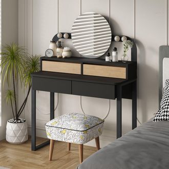 Decortie Lora Modern Dressing Table with Mirror 4 LED Lights 96cm in Black | Size: 2 Pack
