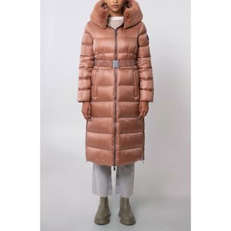 The Recycled Planet Lexi Water Resistant Hooded Nylon Down Puffer Coat with Faux Fur Trim in Mocha at Nordstrom, Size X-Small