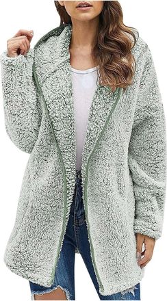 Generic KUIH Winter Jackets for Women Hooded Teddy Fleece Jacket Fuzzy Sherpa Coat Solid Casual Ladies Full Zip Jacket Outdoor Longline Cardigan Oversized Hoo
