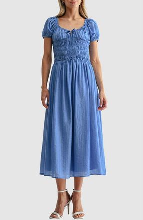 All in Favor Puff Sleeve Shirred Midi Dress in Blue at Nordstrom, Size Xx-Small