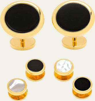 Cufflinks Inc. Double Sided Gold Onyx and Mother-of-Pearl Round Beveled Stud and Cufflinks Set