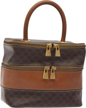 Celine Vintage Double Zip Vanity Case Macadam Coated Canvas Brown Canvas Bag (Pre-Owned)