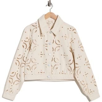 Blank NYC Eyelet Embroidered Denim Trucker Jacket in Double Cream at Nordstrom Rack, Size X-Small
