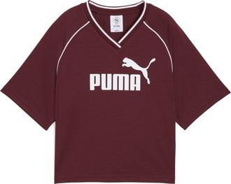 Puma T-Shirt PUMA ESS RELAXED CROPPED FOOTBALL JERSEY, Damen, Gr. XL, rot (ruby shimmer), Web, Obermaterial: 100% Polyester, unifarben, relaxed fit kurz, V