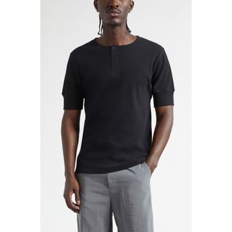 Christophe Lemaire Cotton & Linen Blend Rib Henley in Black at Nordstrom, Size X-Large