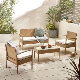 Furniturebox Porto Grey PE Rattan Outdoor Garden 4 Seat Coffee Table & Chairs Set, 2 Chairs 2 Seater Garden Bench in Beige