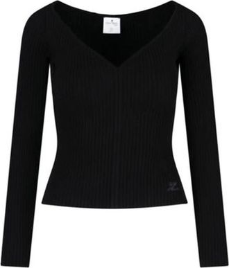 Courr&egrave;ges Top de manga larga con cuello barco acanalado - Knitwear - Mujer - Negro - M