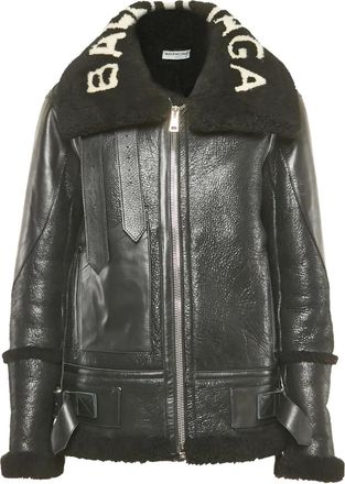 Balenciaga Leren jack met lammy kraag - Zwart